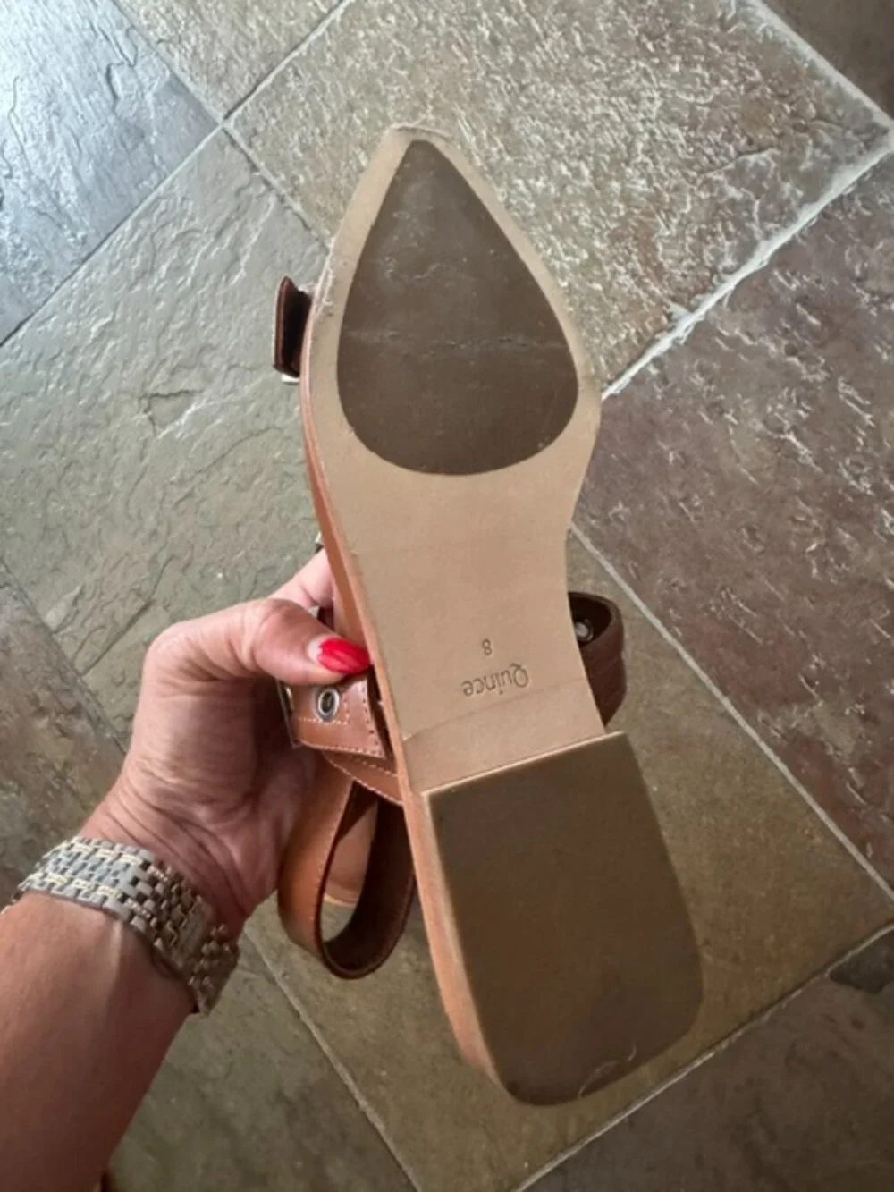 Quince Italian Leather Bold Buckle Slingback Flats in the cognac color size 8
